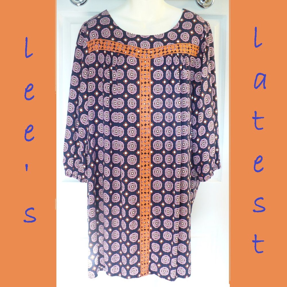 Belk Crown & Ivy Tunic Dress 3/4 Sleeve Orange Applique XL